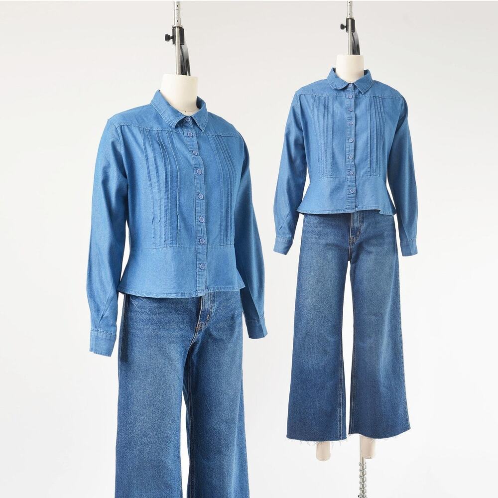 Vintage 90s Blue Cotton Blouse Pintuck Peplum Top Collared Button Front Shirt M